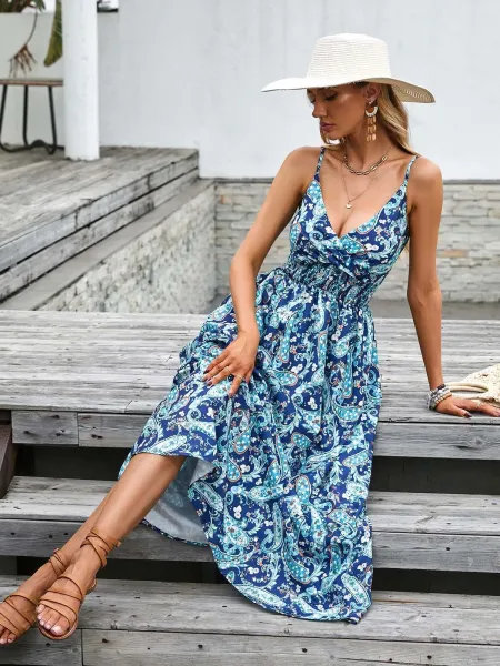 Design Tropical Leaf Print Wrap Midi Dress - 37