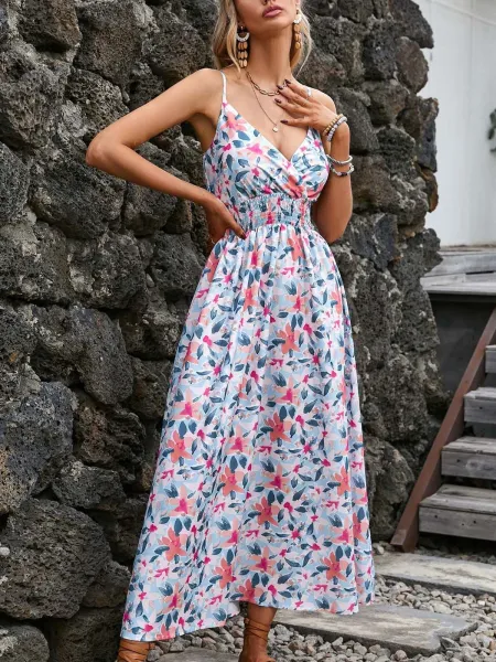 Design Tropical Leaf Print Wrap Midi Dress - 47