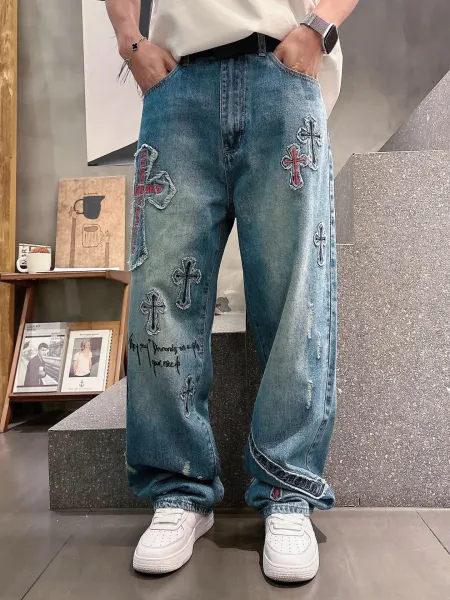 Chrome Hearts Cross-Embroidered Distressed Wide-Leg Jeans Blue - 1