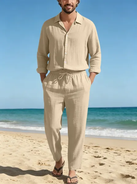 Design Linen Shirt and Drawstring Pants Set White Casual Set - 17