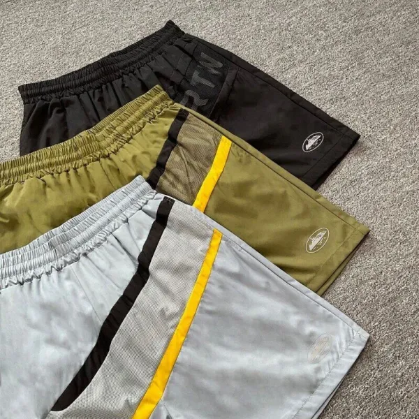 Design Mesh Panel Track Shorts Gray with Yellow and Black Stripe - 18