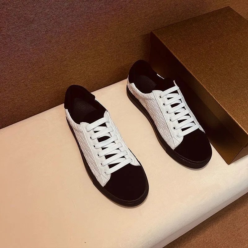 White Woven Leather Black Sole Casual Sneakers