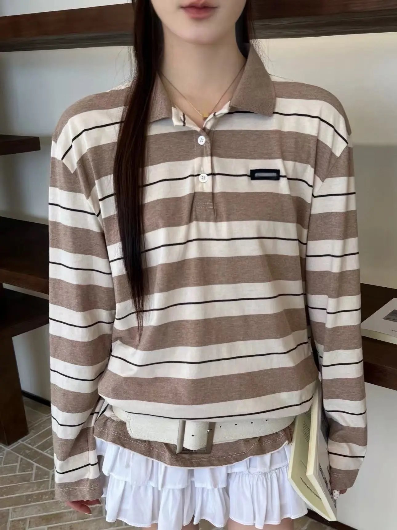 Design Striped Long-Sleeve Polo Shirt Beige and Brown Tops Polo - 8