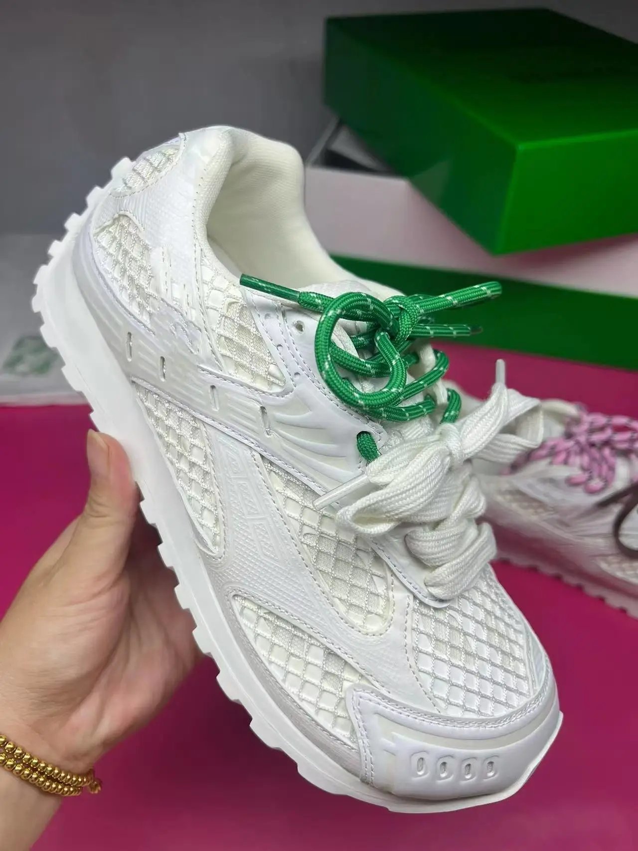 Design White Mesh Chunky Sneakers with Green Laces