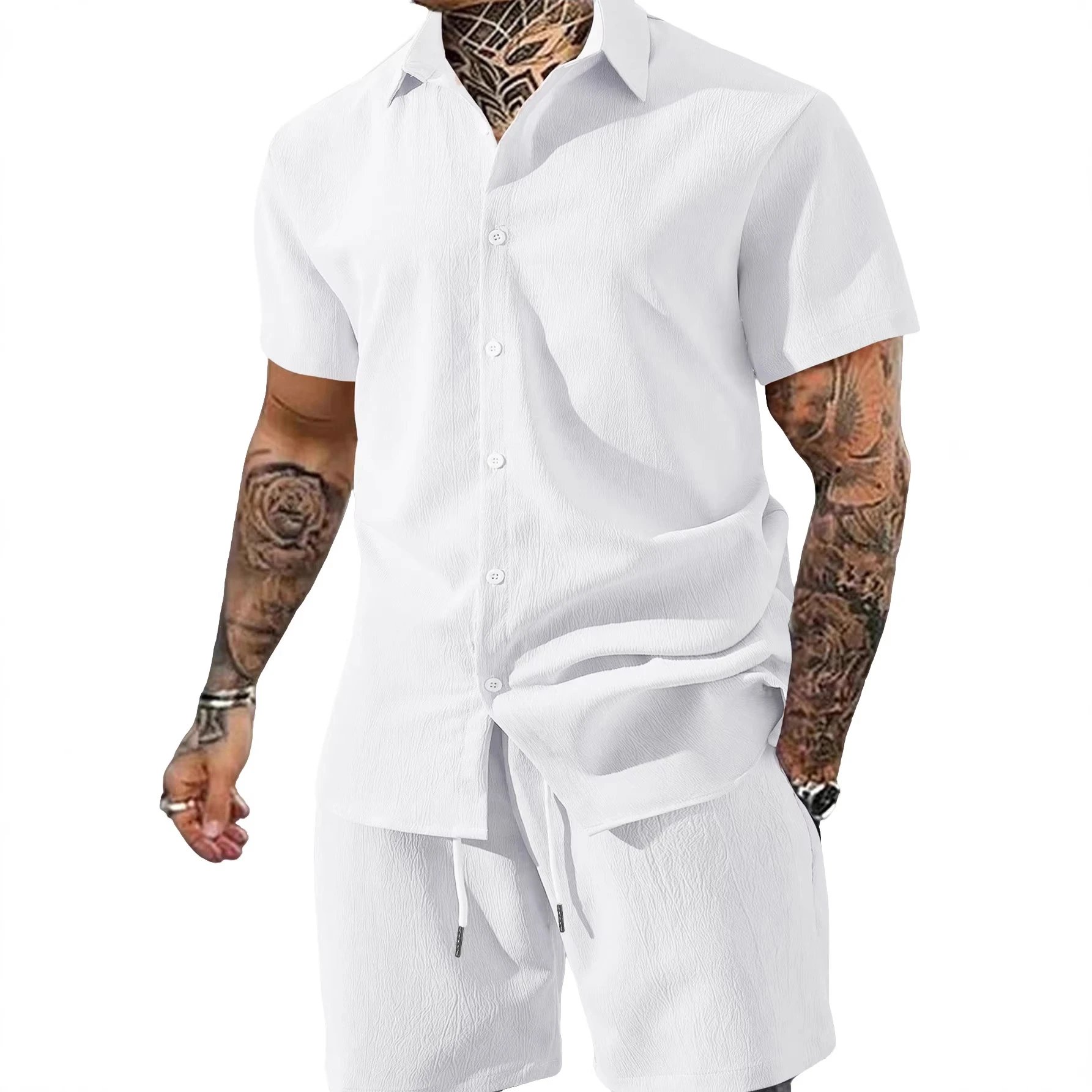 Pink Short Sleeve Button Up Shirt and Shorts Set Casual