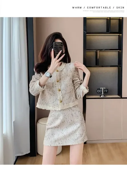 Design Tweed Cropped Jacket and Skirt Set Beige - 8