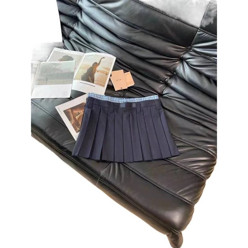 Navy Blue Pleated Skirt with Plaid Waistband Casual Mini Skirt