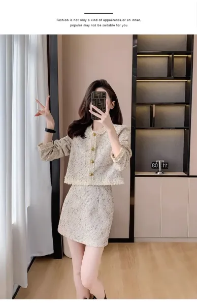 Design Tweed Cropped Jacket and Skirt Set Beige - 10