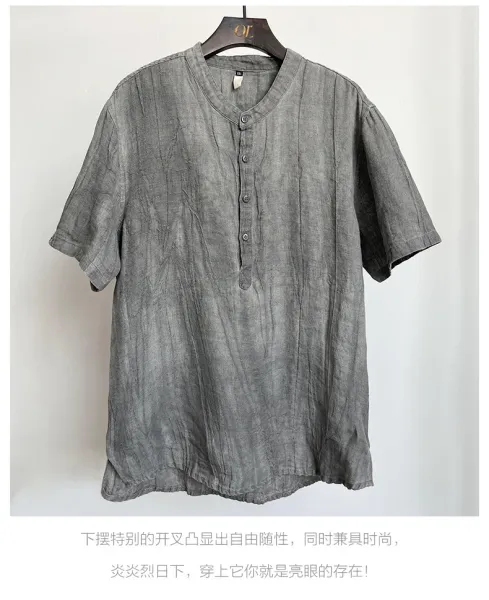 Design Henley Shirt Gray Linen-Blend Top - 3