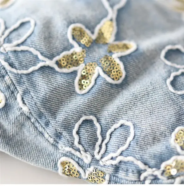 Design Floral Embroidered Denim Flat Cap Black Hats - 6