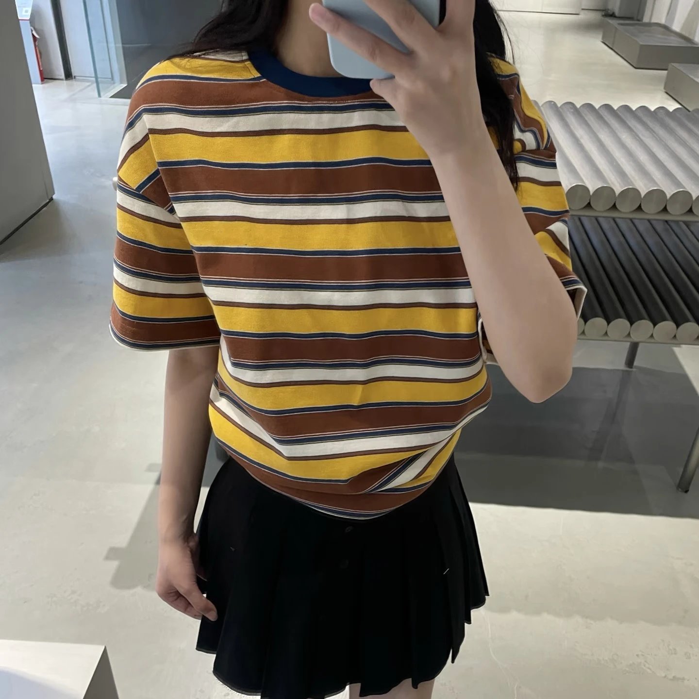 Striped Cotton T-Shirt Yellow Brown White Navy Casual