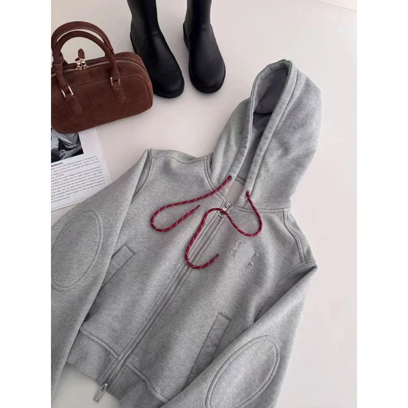 Grey Zip-Up Hooded Sweatshirt with Red Drawstrings Cropped Casual Jacket