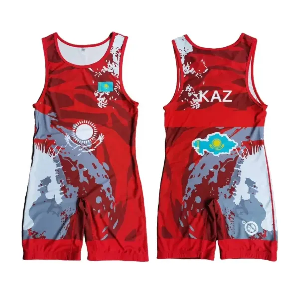 Design Kazakhstan National Wrestling Singlet Red Multicolor Activewear - 1