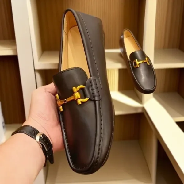 Design Horsebit Loafer Black Leather Slip-On Shoes - 4