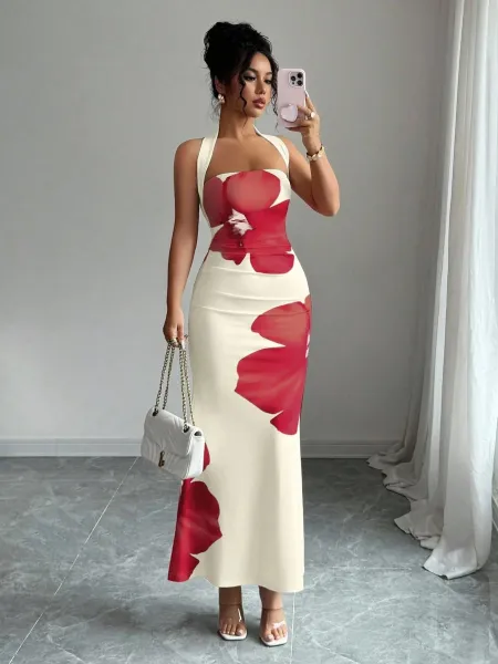 Design Floral Print Halter Neck Maxi Dress Beige Red - 6