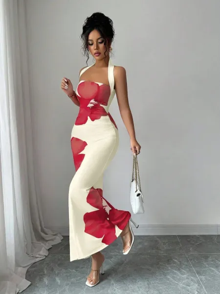 Design Floral Print Halter Neck Maxi Dress Beige Red - 8