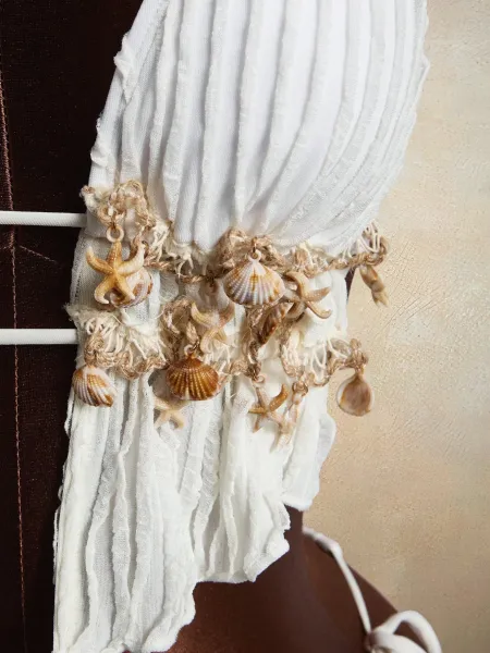 Design Seashell-Embellished Ribbed Pink Halter Bikini Set Swimwear - 7