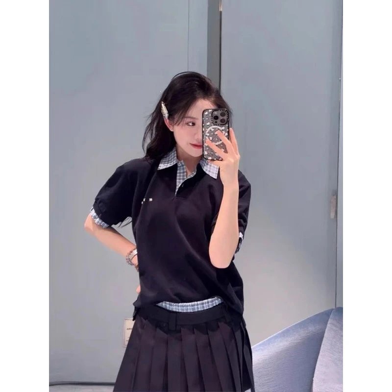 Black Short Sleeve Collared Shirt with Plaid Trim and Pleated Skirt Set