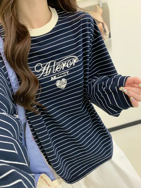 Aeae Striped Logo Long-Sleeve T-Shirt Navy - 1