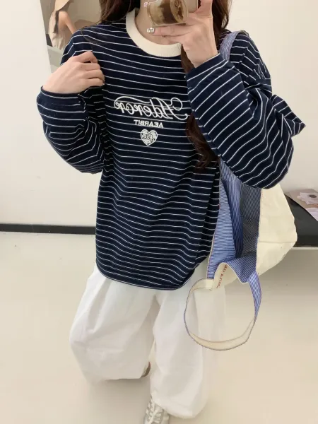 Aeae Striped Logo Long-Sleeve T-Shirt Navy - 6