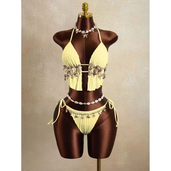 Design Seashell-Embellished Ribbed Pink Halter Bikini Set Swimwear - 10