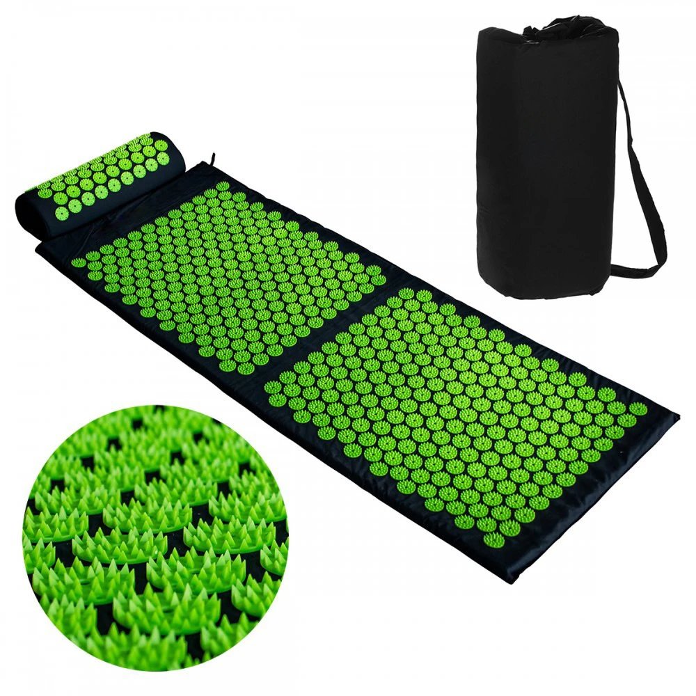 Black fabric acupressure mat with purple or pink plastic spikes and matching pillow — SB001299 listing image