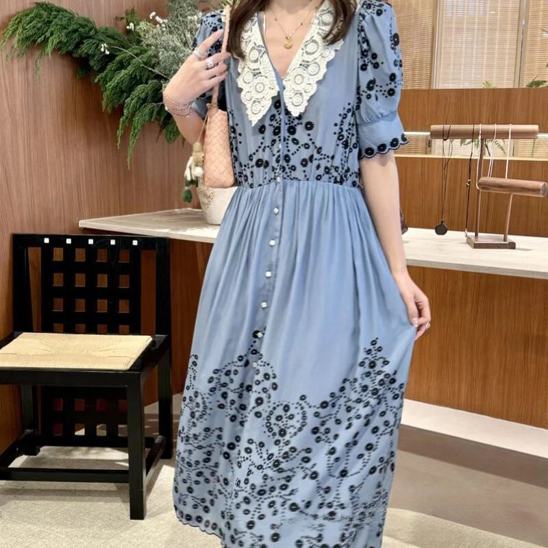 Blue Floral Print Lace Collar Midi Dress