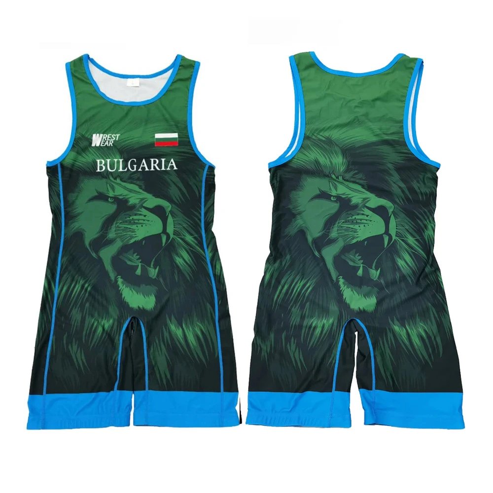 Design Best Wear Bulgaria Lion Print Wrestling Singlet Green Blue Activewear