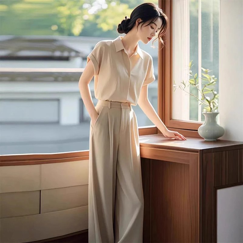 Beige Linen-Blend Shirt and Wide-Leg Trousers