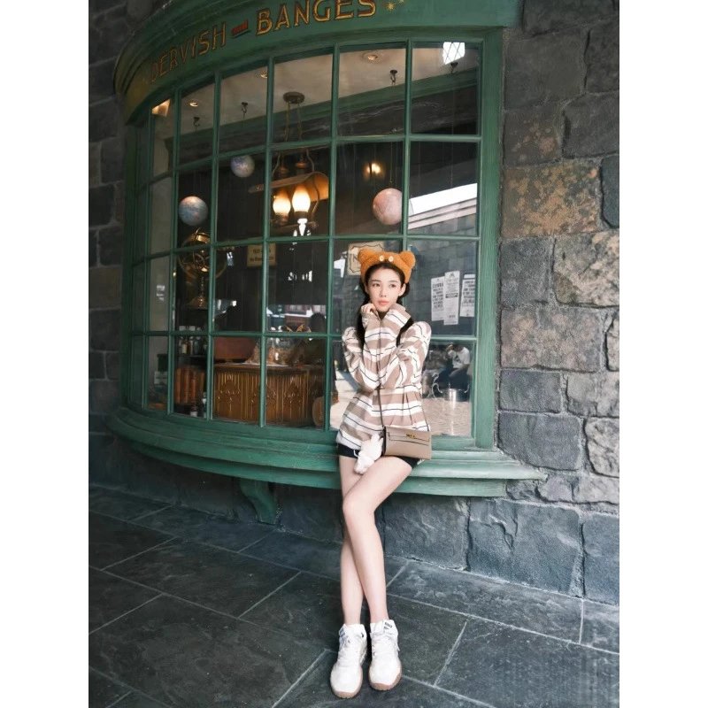Striped Long Sleeve Polo Shirt Beige and White Casual Top