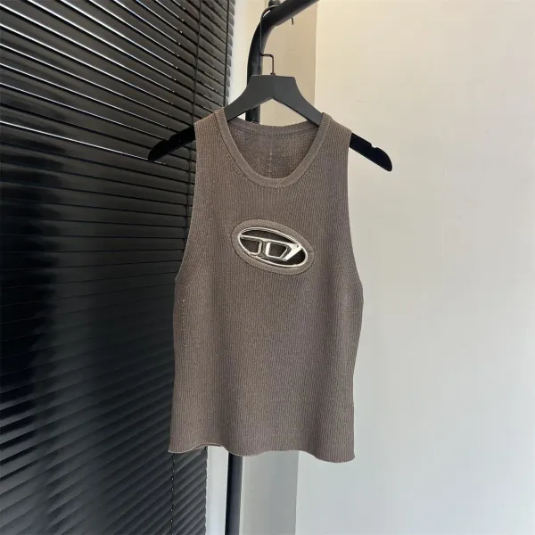 Design Oval Logo Ribbed Knit Vest Top Taupe - 1