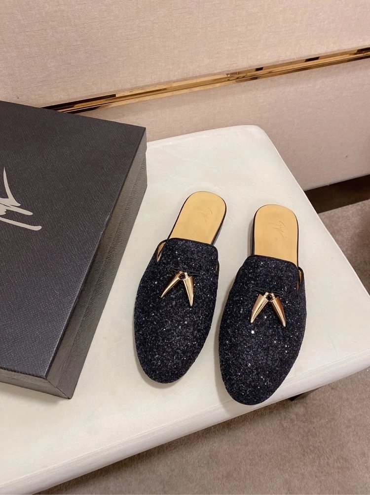 Design Giuseppe Zanotti Glitter Loafers with Gold Spike Detail Black Slippers - 2