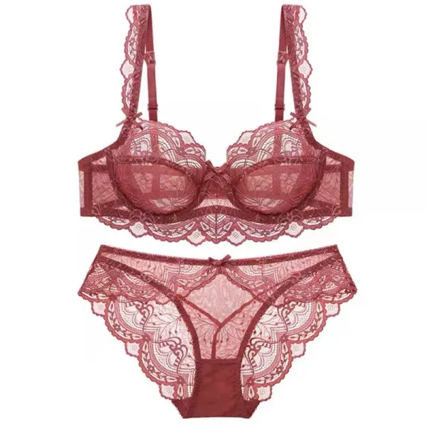 Design Lace Underwire Bra and Thong Set Burgundy Underwear - 1