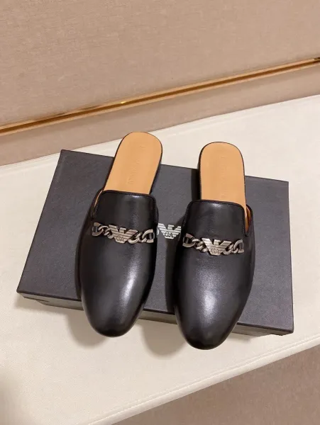 Giorgio Armani Eagle Logo Black Leather Mule Slippers - 6