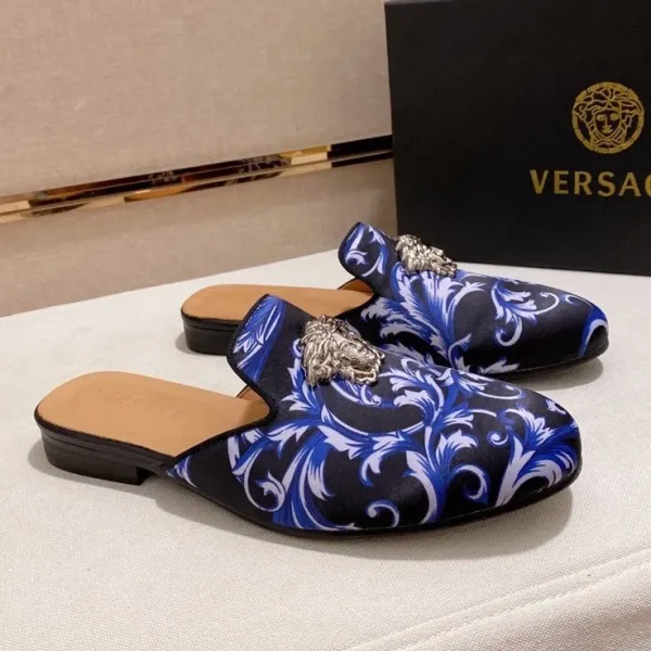 Versace Medusa-Embellished Baroque Print Mule Slippers Blue - 1