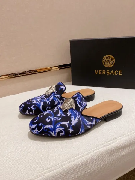 Versace Barocco Print Medusa Loafer Mule Navy Gold Shoes - 3