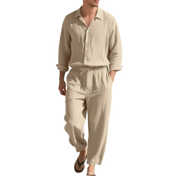 Design Linen Shirt and Drawstring Pants Set White Casual Set - 20