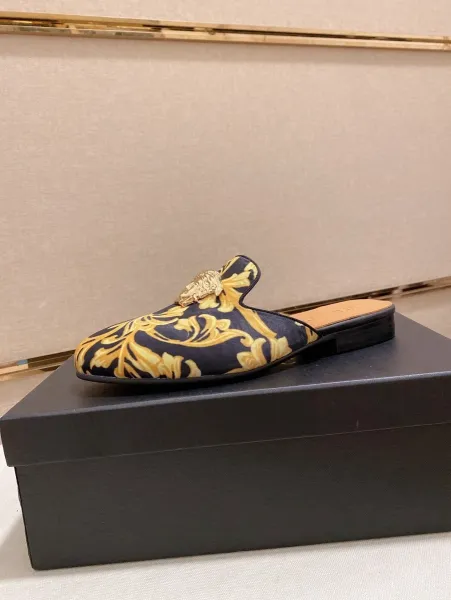Versace Barocco Print Medusa Loafer Mule Navy Gold Shoes - 11