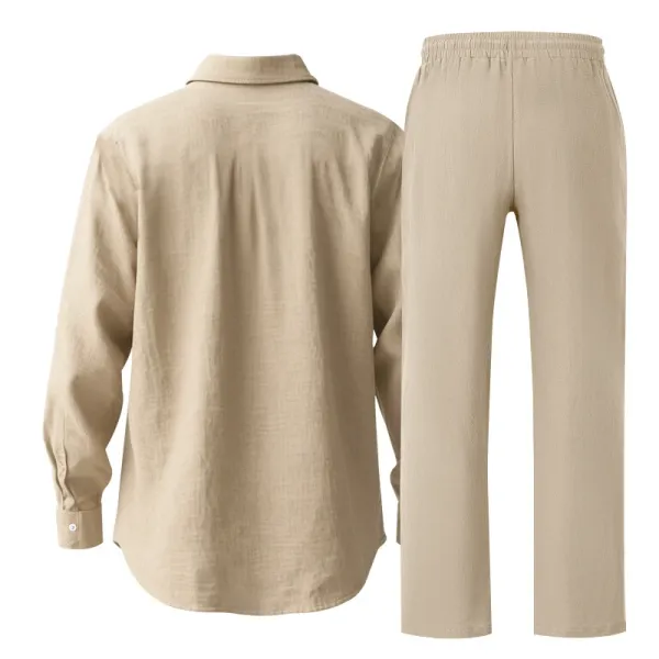 Design Linen Shirt and Drawstring Pants Set White Casual Set - 22