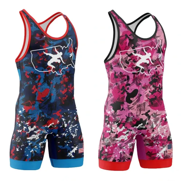 Design USA Wrestling Singlet Blue and Pink Camo Activewear - 1