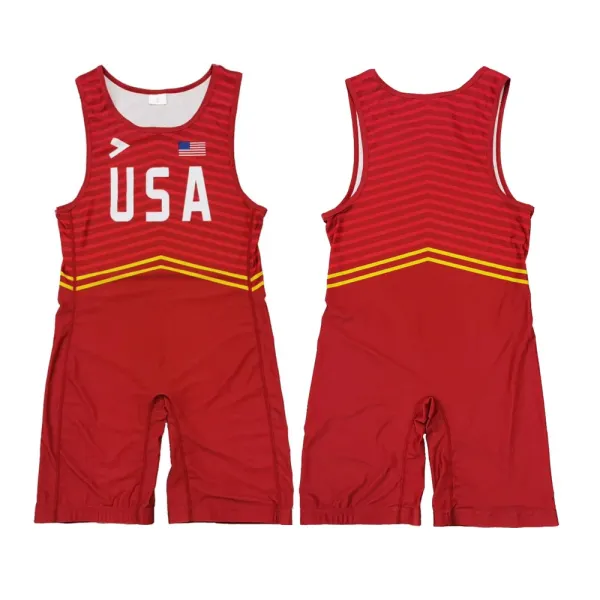 Design USA Wrestling Singlet Red with Yellow Chevron Activewear - 1