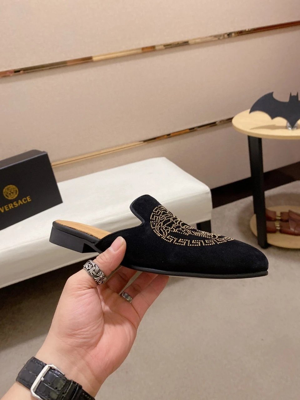 Versace Medusa Crystal-Embellished Black Suede Mule Loafers - 4