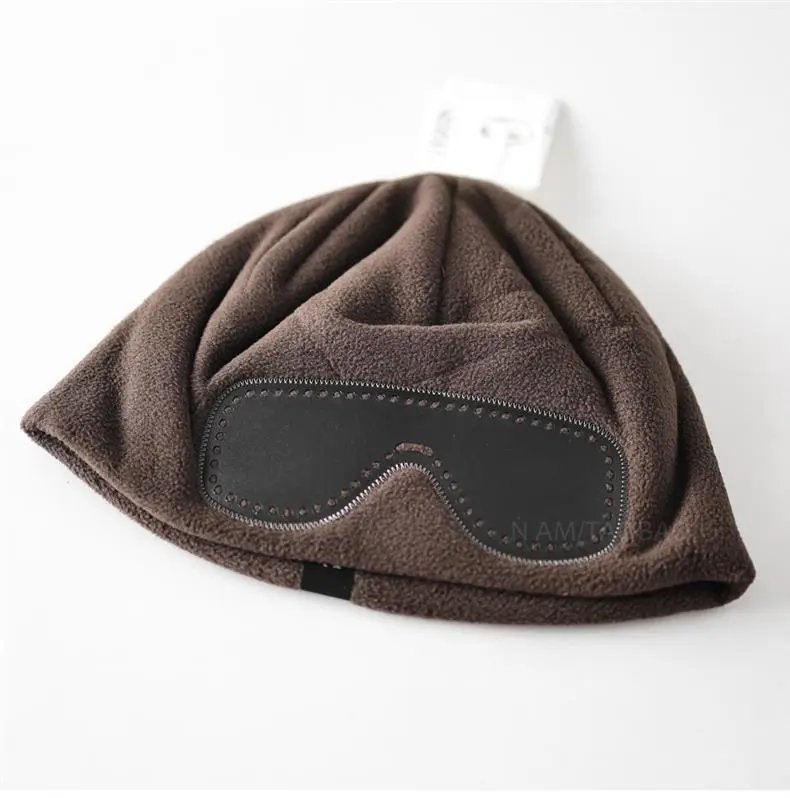 Design Fleece Beanie with Leather Eye Patch Detail Brown - 7