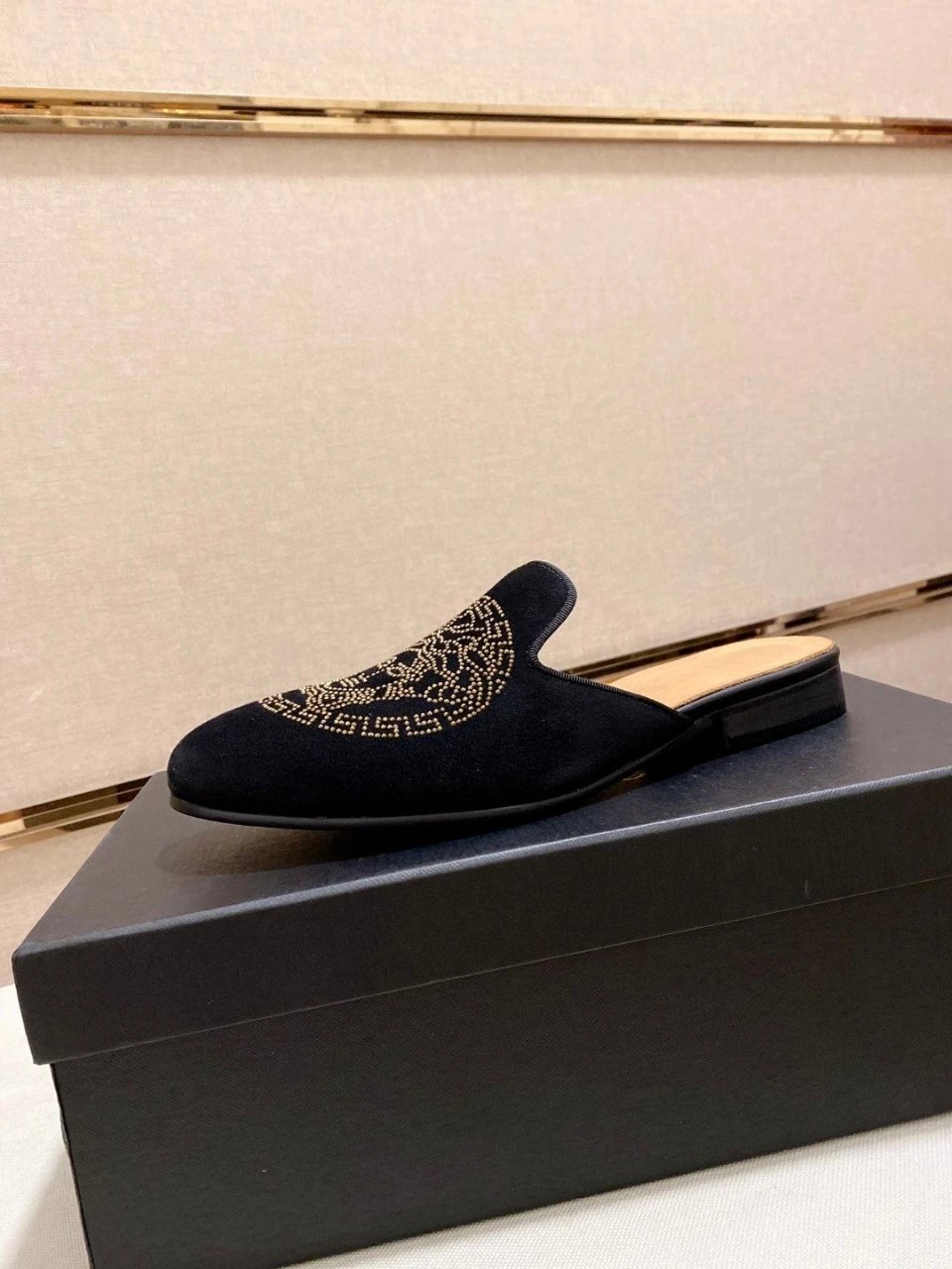 Versace Medusa Crystal-Embellished Black Suede Mule Loafers - 10