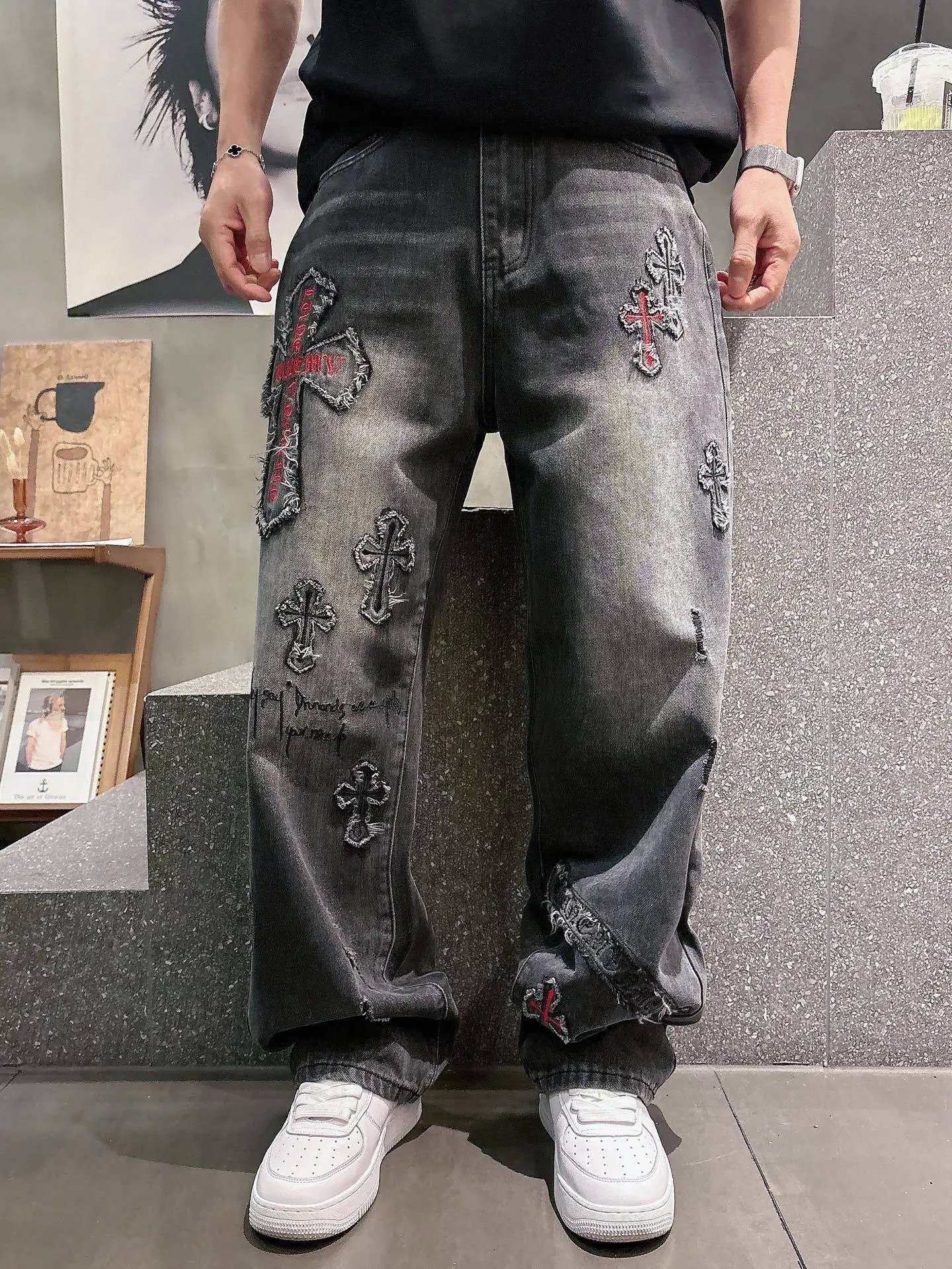 Chrome Hearts Cross-Embroidered Distressed Gray Jeans