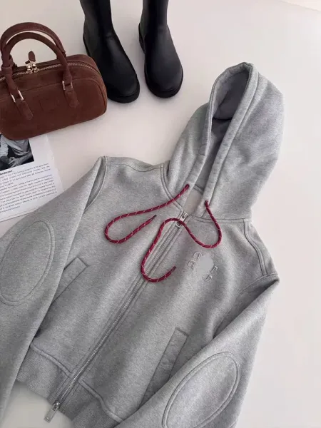 Design Cropped Zip-Up Hoodie with Red Drawstrings Gray - 6