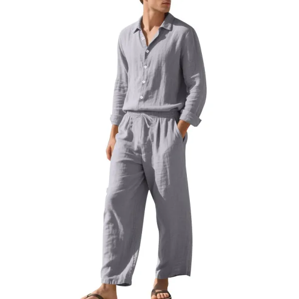 Design Linen Shirt and Drawstring Pants Set White Casual Set - 26