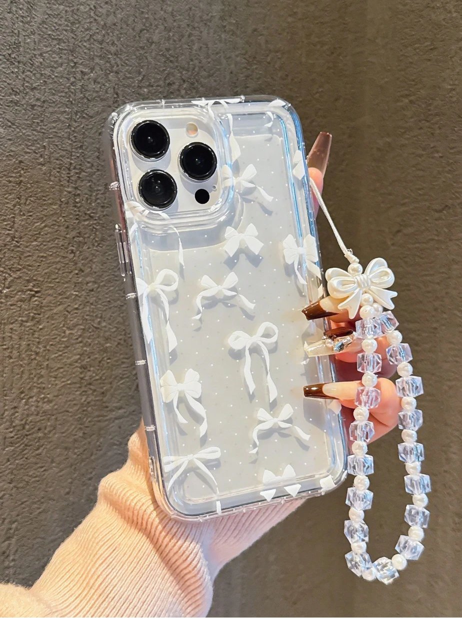 Design Clear Bow-Print Phone Case with Pearl Crystal Strap Pink Transparent Phone Case - 3