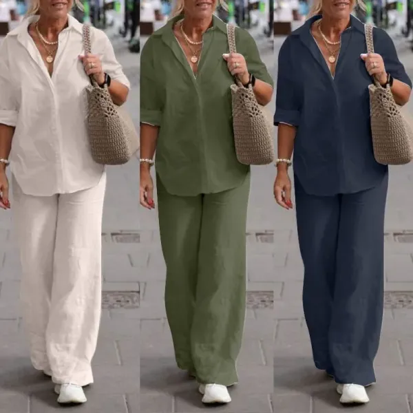 Design Linen Shirt and Pants Set Light Blue Casual Set - 3