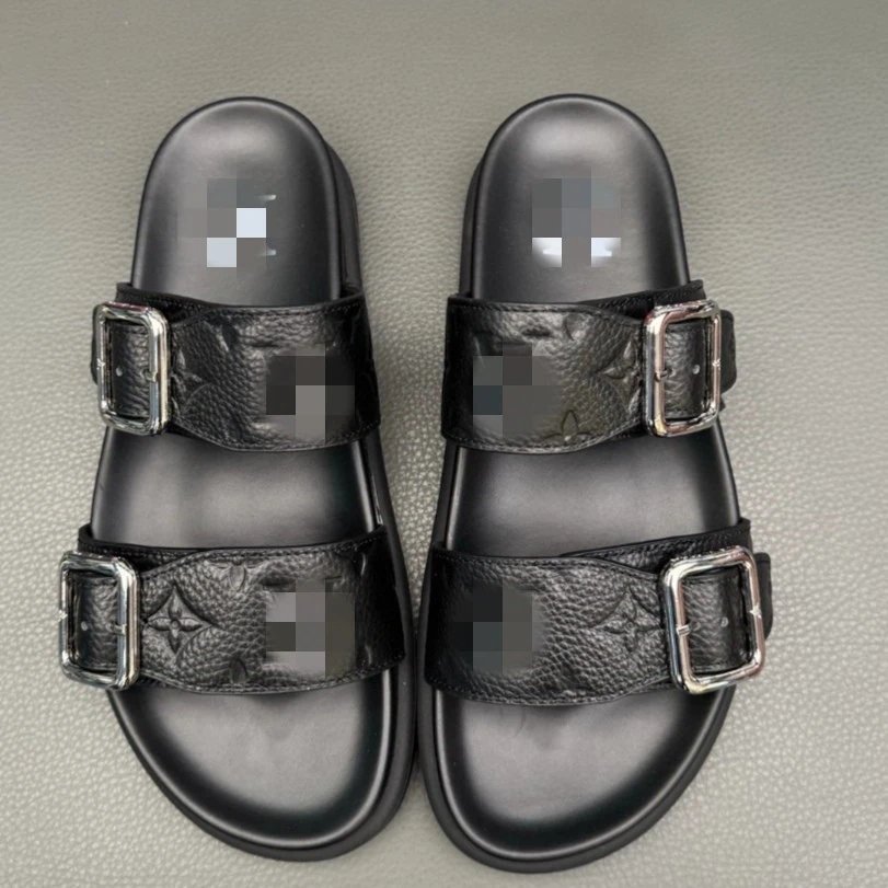 Louis Vuitton Monogram Leather Double Strap Slide Sandals Black Slippers